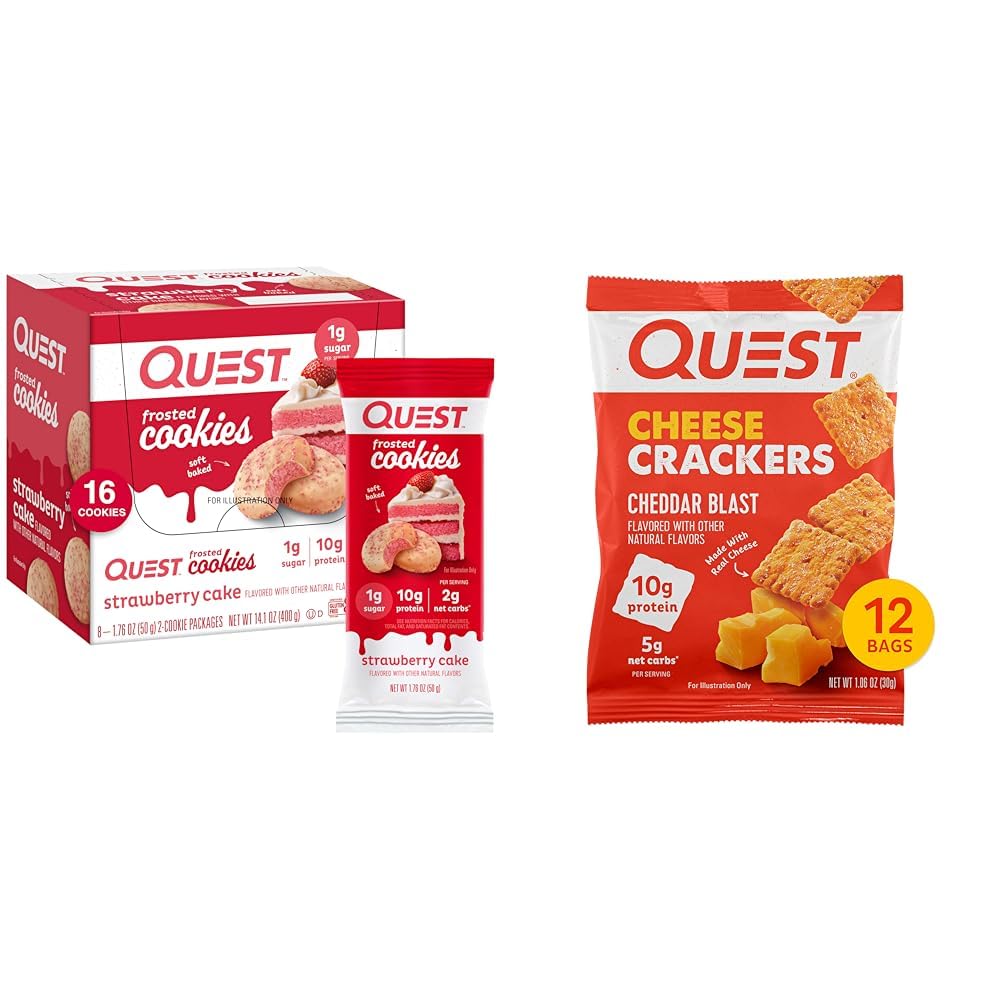 Quest Διατροφή Παγωμένα Cookies Twin Pack, κέικ φράουλας, 1g Ζάχαρη, 10g Πρωτεΐνη, 2g Καθαρό Καρβίδια & Κρακεράκια Τυριού, Cheddar Blast, Υψηλής πρωτεΐνης, Χαμηλή Καρβίδα, Κατασκευασμένο με πραγματικό τυρί, 12 Ct