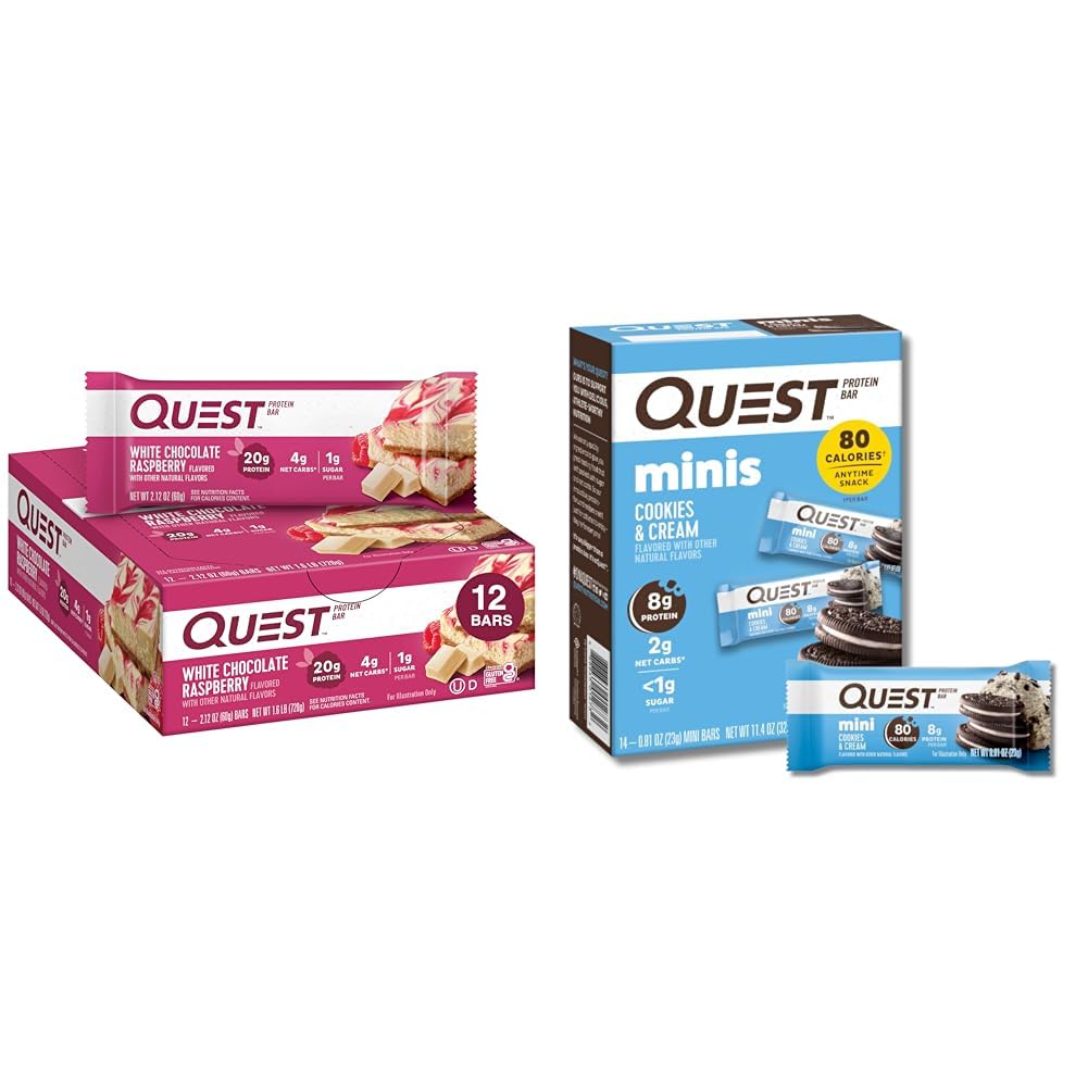 Quest Protein Bars Bundle - Λευκή σοκολάτα Βατόμουρο 12 Count & Cookies 'N Κρέμα Mini 14 Count