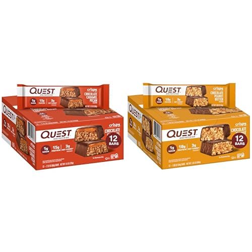 Quest Hero Protein Bars, Crispy Chocolate Caramel Pecan and Chocolate Peanut Butter, 15-18g Protein, 1g Sugar, 12 Count