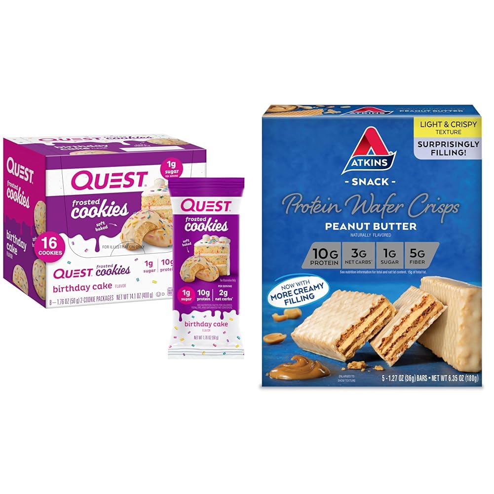 Quest Birthday Cake Frosted Cookies Twin Pack with 16 Cookies and Atkins Peanut Butter Protein Wafer Crisps with 5 Count
