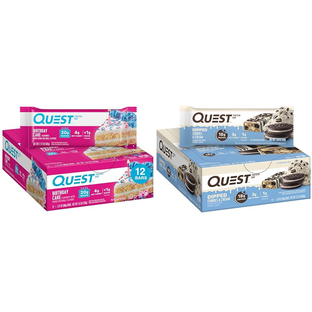 Quest Birthday Cake & Cookies & Cream Dipped Protein Bars, High Protein, Gluten Free, Keto Friendly, 12 Count Each