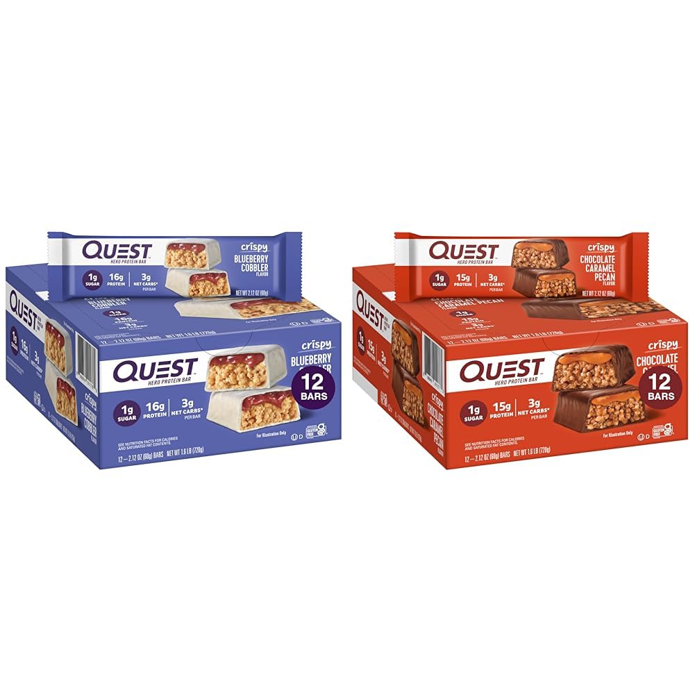 Quest Nutrition Crispy Blueberry Cobbler & Σοκολάτα Caramel Pecan Hero Protein Bars, 16g & 15g πρωτεΐνη, 1g ζάχαρη, 3g καθαρό υδατάνθρακες, χωρίς γλουτένη, Keto φιλικό, 12 Count Bundle