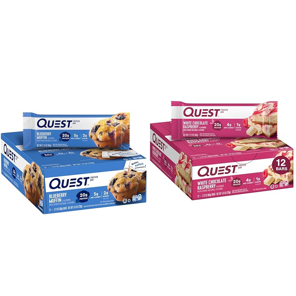 Quest Blueberry Muffin (12 Count) και λευκό σμέουρο σοκολάτας (12 Count) Protein Bars Bundle, Υψηλή πρωτεΐνη, Χωρίς γλουτένη