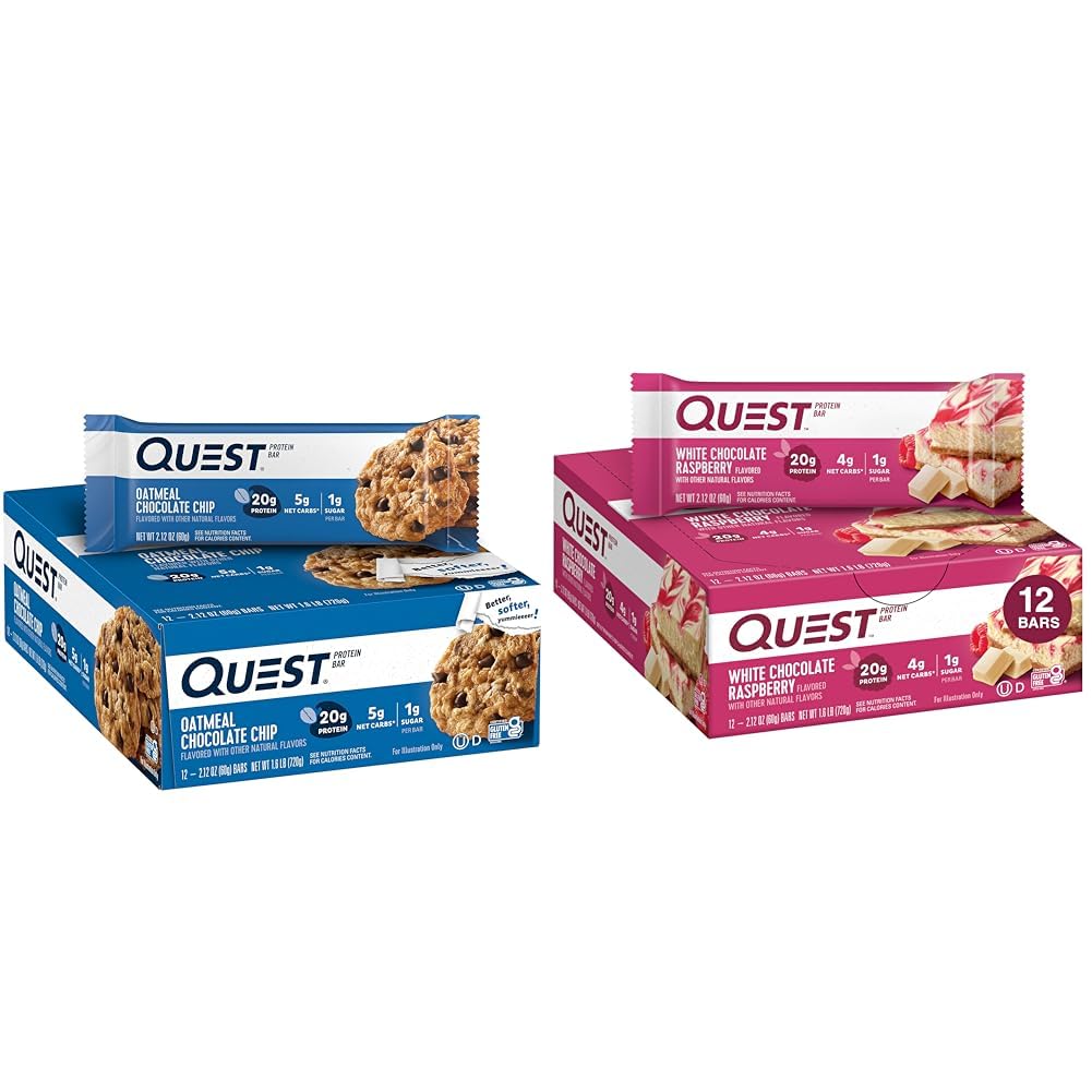 Quest Nutrition Protein Bar τσιπ σοκολάτας βρώμης, υψηλής πρωτεΐνης, χαμηλής υδατανθράκων, χωρίς γλουτένη & μπαρ πρωτεΐνης σμέουρων λευκής σοκολάτας, υψηλής πρωτεΐνης, χαμηλής υδατανθράκων, χωρίς γλουτένη