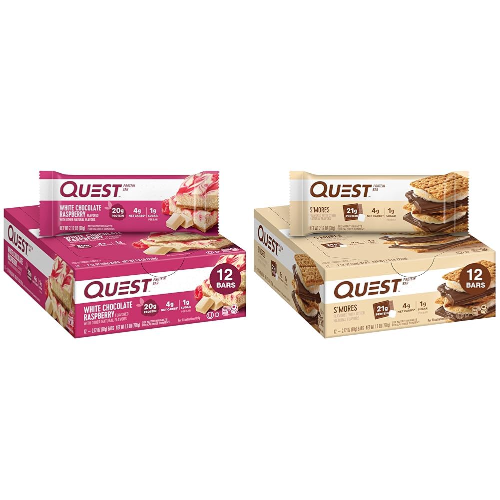 Quest Διατροφή λευκή σοκολάτα Raspberry Protein Bars, Υψηλής πρωτεΐνης, χαμηλής υδατανθράκων, χωρίς γλουτένη, Keto Φιλικό, 12 Count & S'mores Protein Bar, Υψηλής πρωτεΐνης, χαμηλής πρωτεΐνης, χωρίς γλουτένη, Keto Friendly, 12 Count