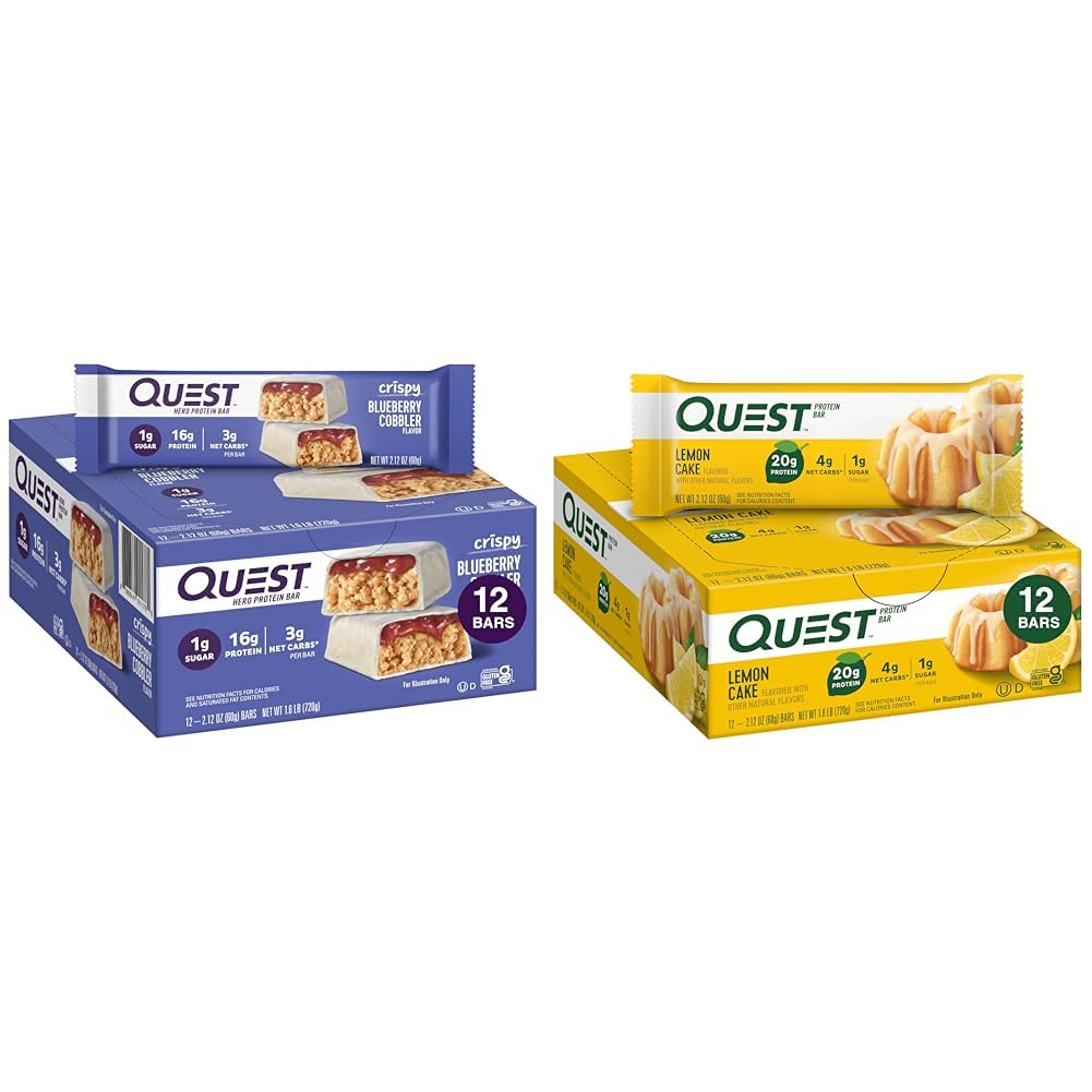 Quest Nutrition Crispy Blueberry Cobbler Hero Protein Bar, 16g Πρωτεΐνη, 1g Ζάχαρη, 3g & Λέμον Cake Protein Bars, Υψηλή Πρωτεΐνη, Χαμηλή Καρβίδα, Χωρίς Γλουτένη, Κετό Φιλικό