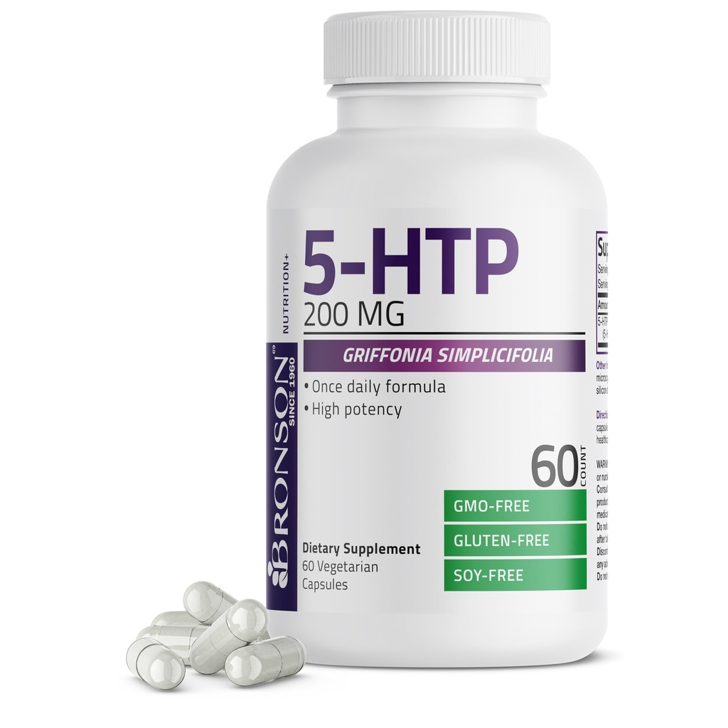 Bronson 5- HTP 200mg (5- υδροξυτρυπτοφάνη) Griffonia Simplicifolia Μη ΓΤΟ, 60 κάψουλες χορτοφάγων