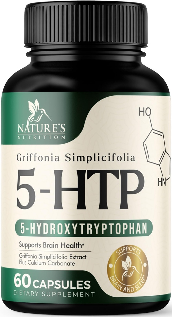 5 κάψουλες Hydroxytryptophan - 180mg ανά υπηρεσία 5 HTP συμπλήρωμα Plus Ασβέστιο για την υγεία του εγκεφάλου & τον ύπνο υποστήριξη, επιπλέον δύναμη Griffonia Simplicifolia 5-HTP Formula, 5HTP, ΗΠΑ Εμφιαλωμένο - 60 κάψουλες