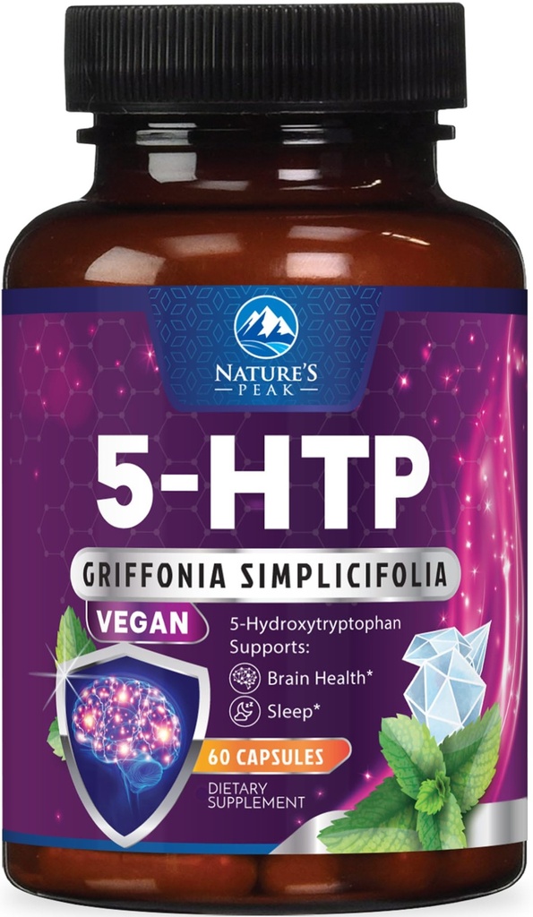 5-HTP Supplement - 5-HTP 200mg Per Serving - Extra Strength 5HTP (5-Hydroxytryptophan) Griffonia Simplicifolia - Supports Restful Sleep, Natural Calm & Brain Health - Bottled in USA - 60 Capsules