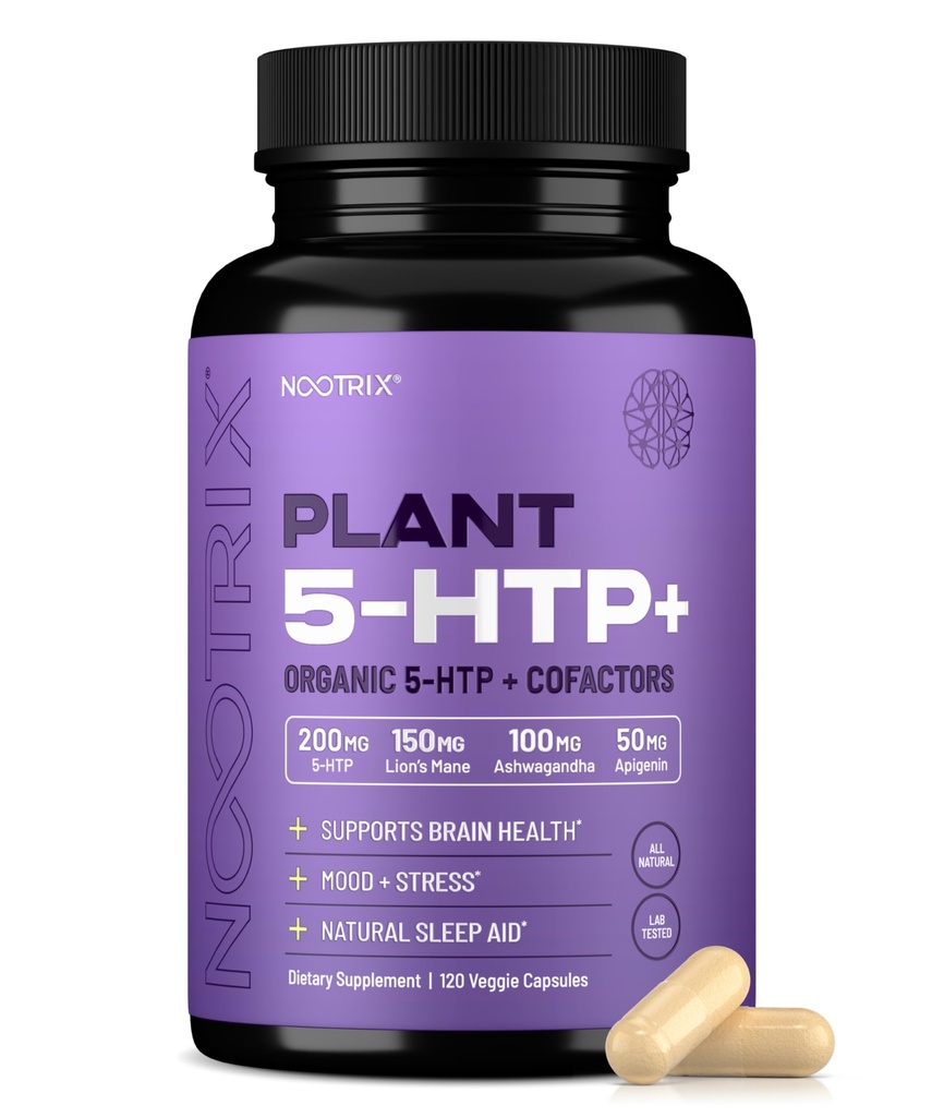 Nootrix Organic Plant 5 HTP+ Supplement | Supports Memory, Mental Focus, Cognitive Health & Energy | Promotes Healthy Mood & Brain Function | Vitamin B6 & L Theanine | 120 Capsules