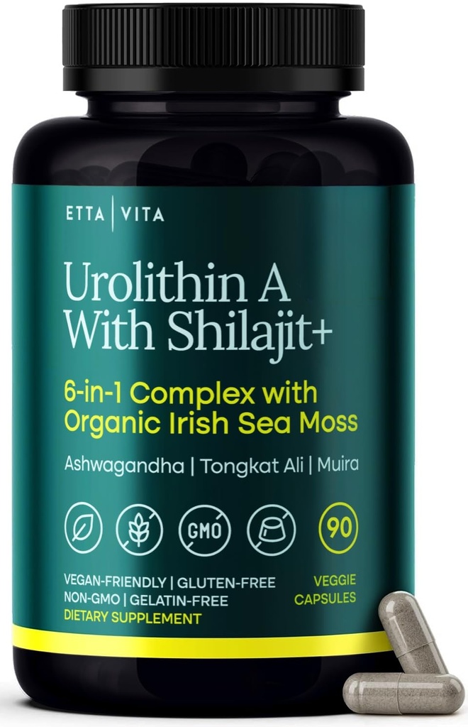 Urolithin-A Complex w Shilajit, Organic Sea Moss, Ashwagandha & Tongkat Ali, Natural Energy, Libido, Hormone Balance, and Focus for Men & Women (Made in USA - 3ο Party Tested)