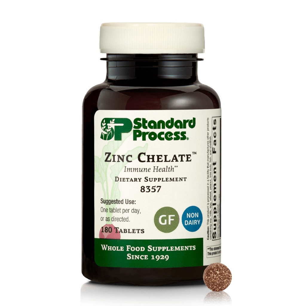 Standard Process Zinc Chelate - Offers Natural Immune Support & Aids Skin Health - Excellent Source of Zinc - Gluten-Free, Non-Dairy & Non-Soy - 180 Tablets