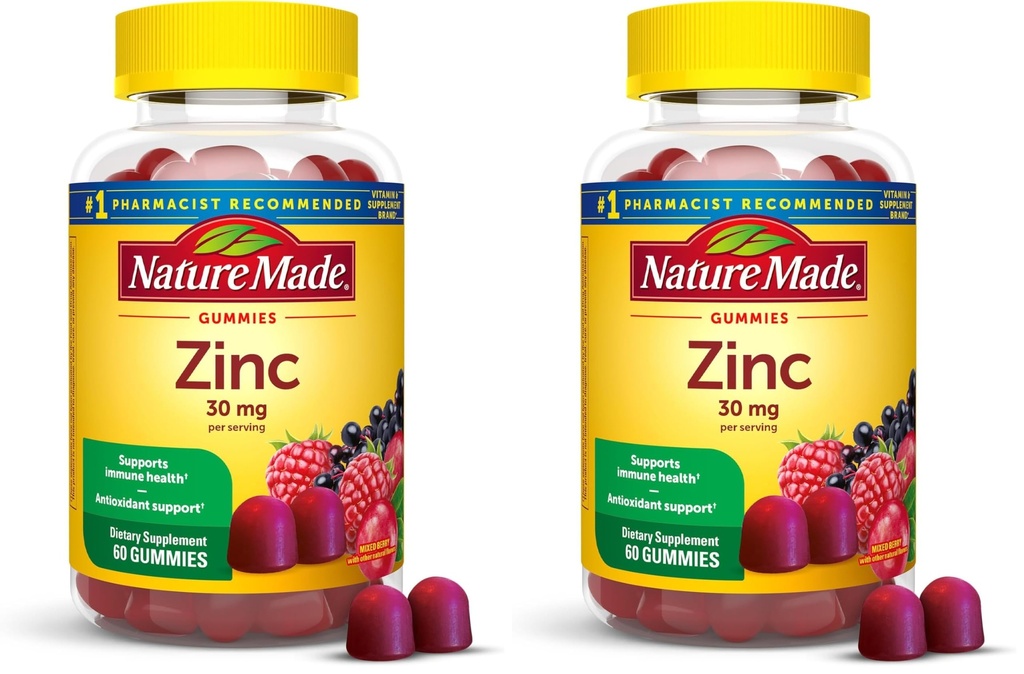 Nature Made Zinc Συμπληρώματα 30 mg ανά υπηρεσία, συμπλήρωμα διατροφής για την ανοσοκατασταλτική υγεία και αντιοξειδωτική υποστήριξη, 60 Gummies ψευδάργυρου, 30 ημέρες προσφοράς, (πακέτο του 2)