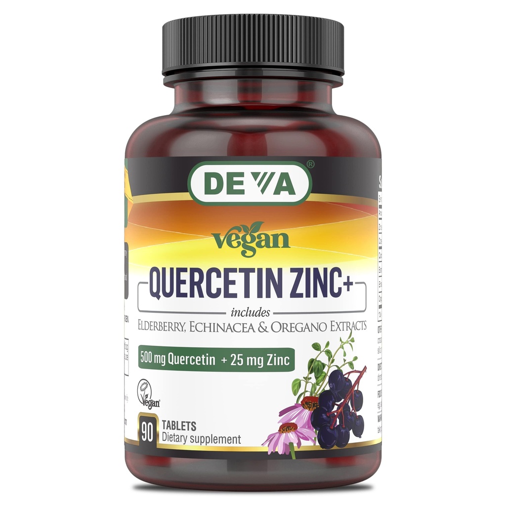 DEVA Vegan Quercetin 500mg Plus 25mg Zinc with Elderberry, Echinacea and Oregano Extracts -No Animal Ingredients - 90 Tablets, 1-Pack