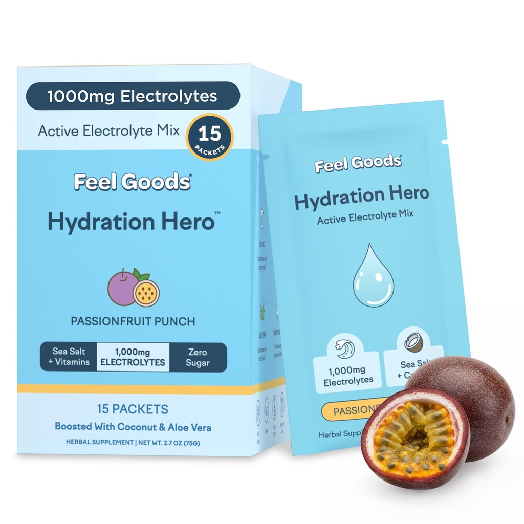 Feel Goods Hydration Hero, 1000mg Ηλεκτρολυτών σκόνη, Χωρίς ζάχαρη, Μαγνήσιο, Βιολογική Αλόη Βέρα, L Θεανίνη, Βιταμίνη C & B12, Keto, Vegan, Ηλεκτρολυτές Packets, Πάθος Punch Φρούτων, 15 Count