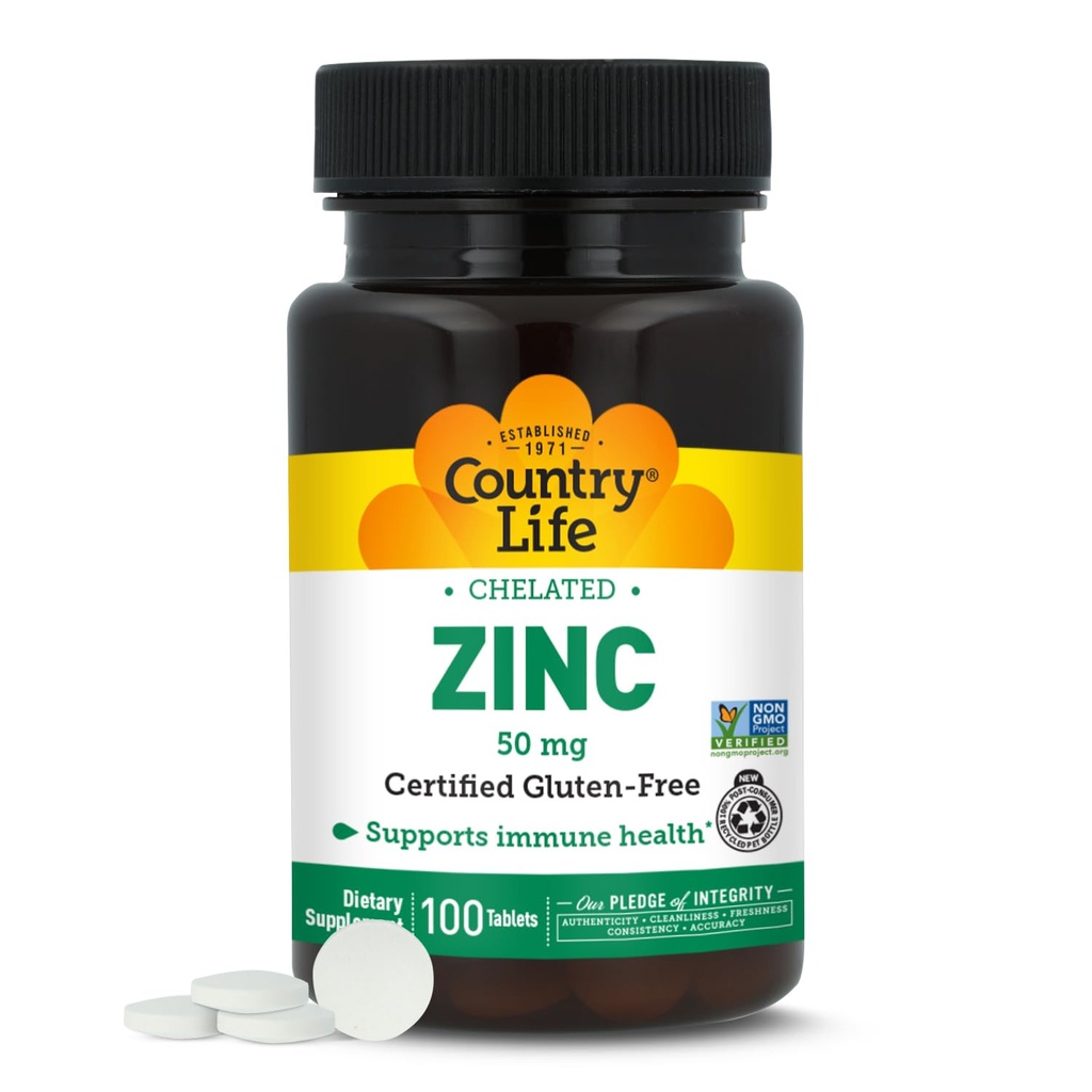 Country Life Chelated Zinc 50 mg - Certified Gluten-Free & Vegan Immune Support Supplement, Enhances Zinc Absorption, Supports Body’s Protein Production & Cellular Health, 100 Vegetarian Tablets