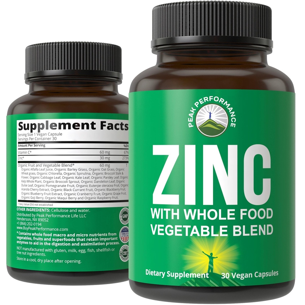 Vegan Zinc Supplement with Vitamin C + Whole Food Blend of 25 Vegetables and Fruits for Max Absorption. Zinc Supplements 30mg Capsules, Pills, Tablets, Vitamins for Adults Both Men and Women
