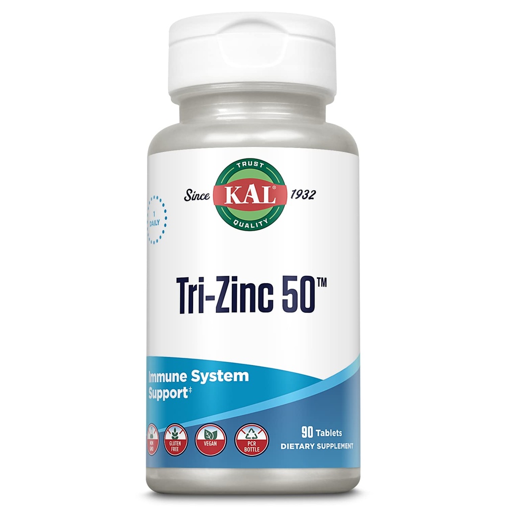 KAL Tri Zinc 50mg w/Citrate, Χηλικός ορός αμινοξέων και Picolinate, Συμπλήρωμα Υγιούς Μεταβολισμού και Υποστήριξης Ανοσοποιητικού, Vegan, Χωρίς γλουτένη, Μη ΓΤΟ, Εγγύηση 60 ημερών, 90 Μερίδες, 90 δισκία
