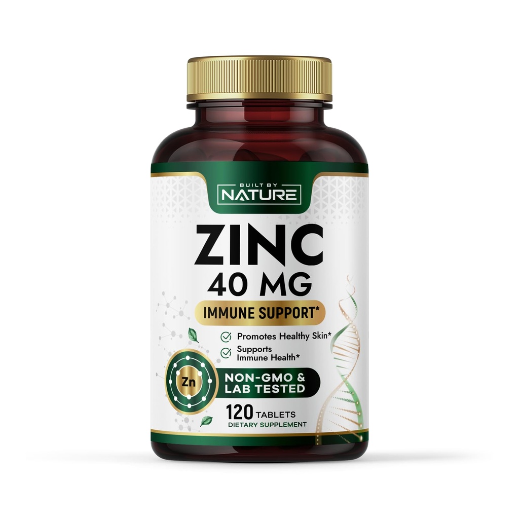 Built By Nature Zinc 40 mg – High-Potency Immune Support & Antioxidant Supplement – Promotes Skin Health & Wound Healing – Zinc Gluconate – Non-GMO, Gluten Free – 120 Tablets