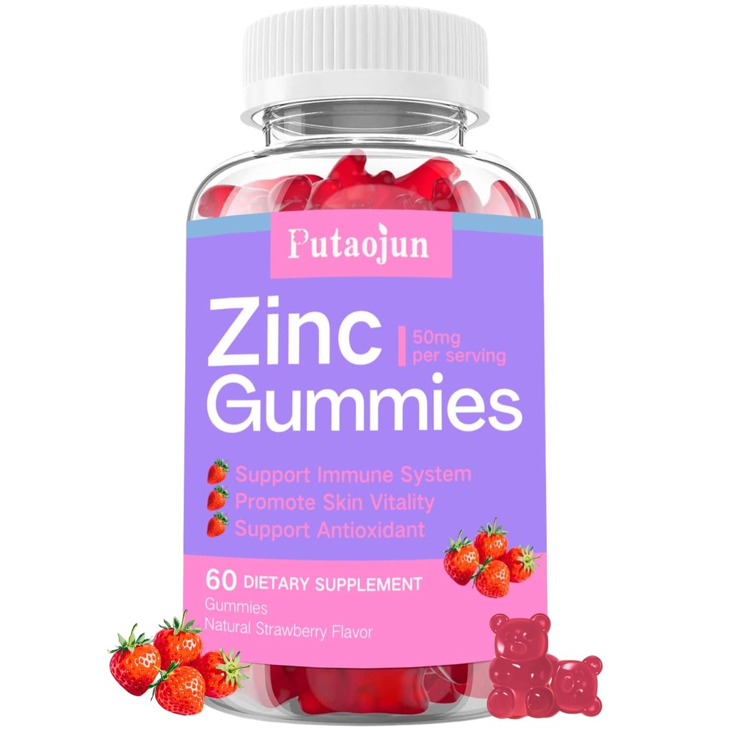 Zinc Gummies for Kids & Adults - Immune Support, High Absorption Vitamin C & Zinc Supplement, Natural Strawberry Flavor, Sugar Free, Vegan - 60 Count