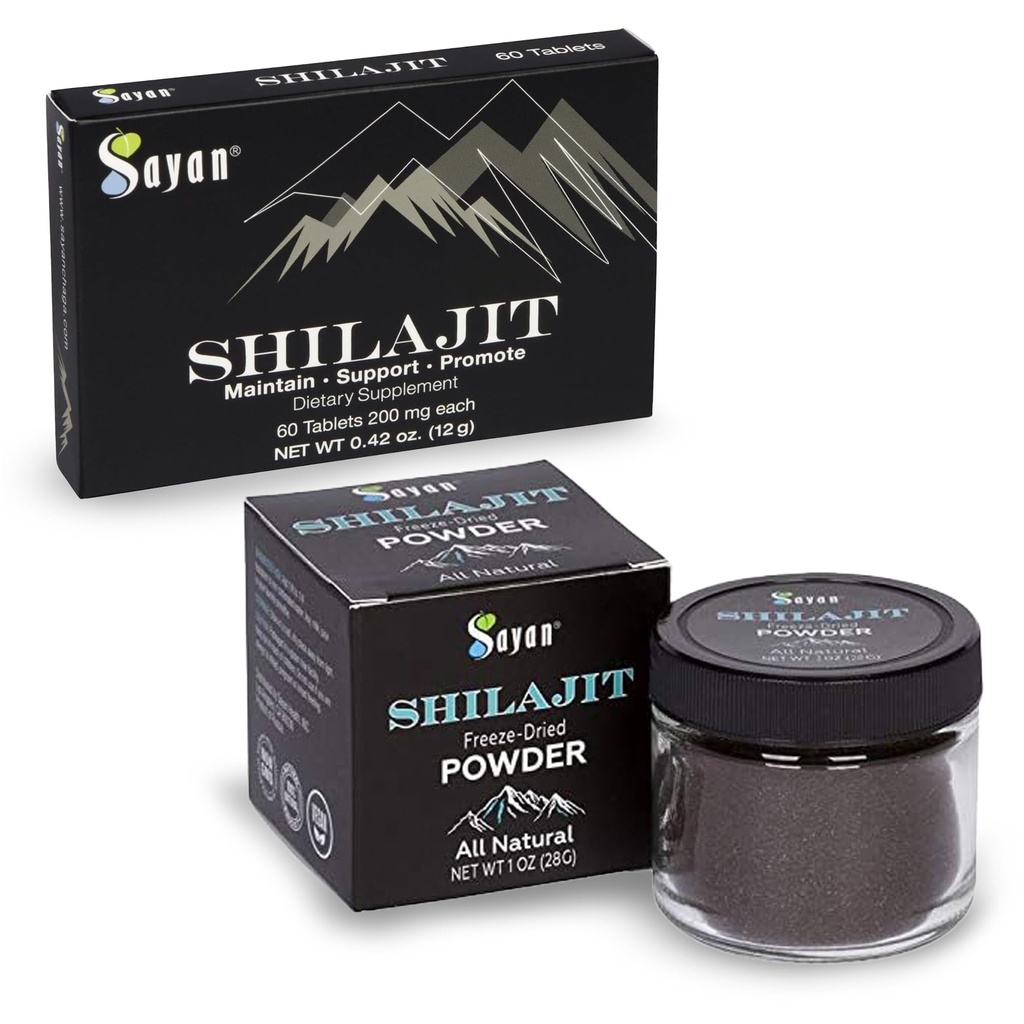 Sayan Shilajit Pure Organic Black Resin Trace Mineral Tablets & Pure Organic Shilajit Extract Freeze-Dry Powder Bundle - Immune Support, Detox, Energy Boost (1 Month Supply)