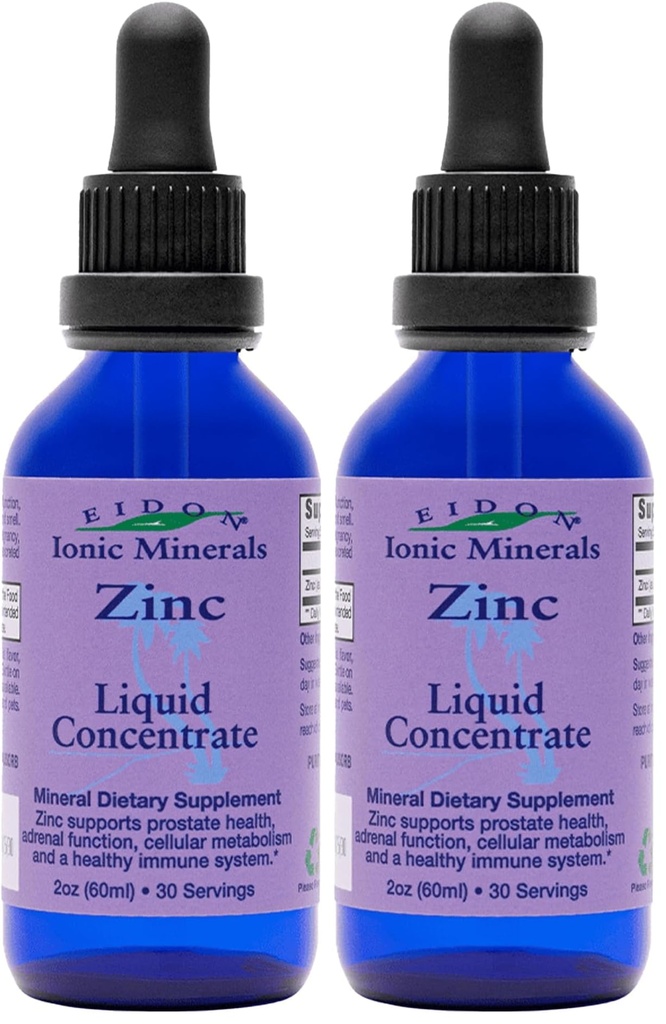Eidon Ionic Minerals Liquid Zinc Concentrate - Ionic Zinc Supplement Drops for Adults and Kids, Support Immune System, Hair and Skin, Liver and Kidney Health, Relieves Stress - 2 oz (Pack of 2)