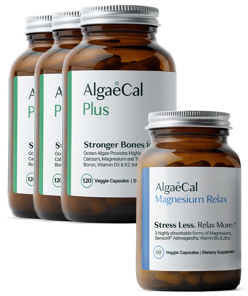 ALGAECAL Organic Red Algae Calcium Supplement for Bone Density & Strength, Vitamin K2 MK7, Vitamin D3, Magnesium & Trace Minerals, 120 Veggie Caps Magnesium RelaxTM (60 Caps)