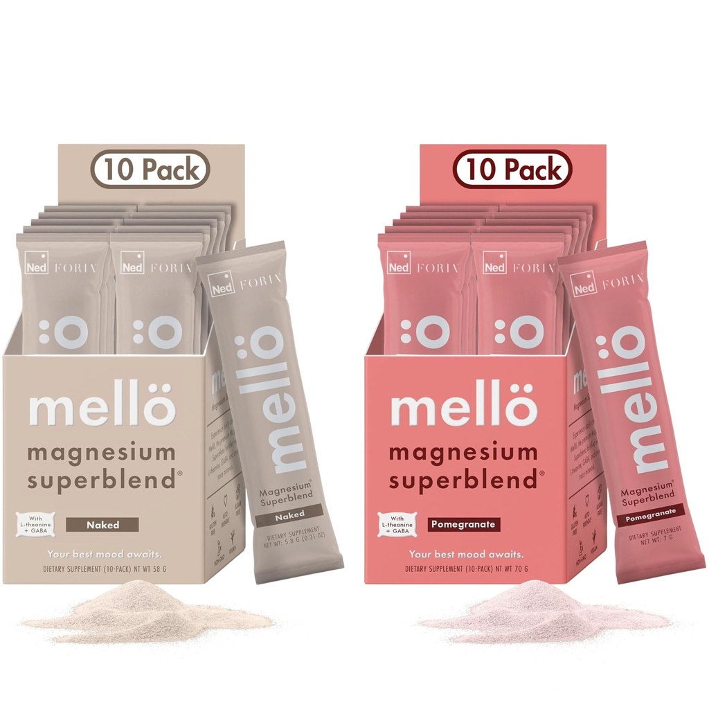 mellö Magnesium Superblend Bundle - Pomegranate & Unflavored - Magnesium Glycinate with L-Theanine, GABA & Trace Minerals - Supports Sleep, Relaxation, and Balanced Energy - 2 x 10-Packs