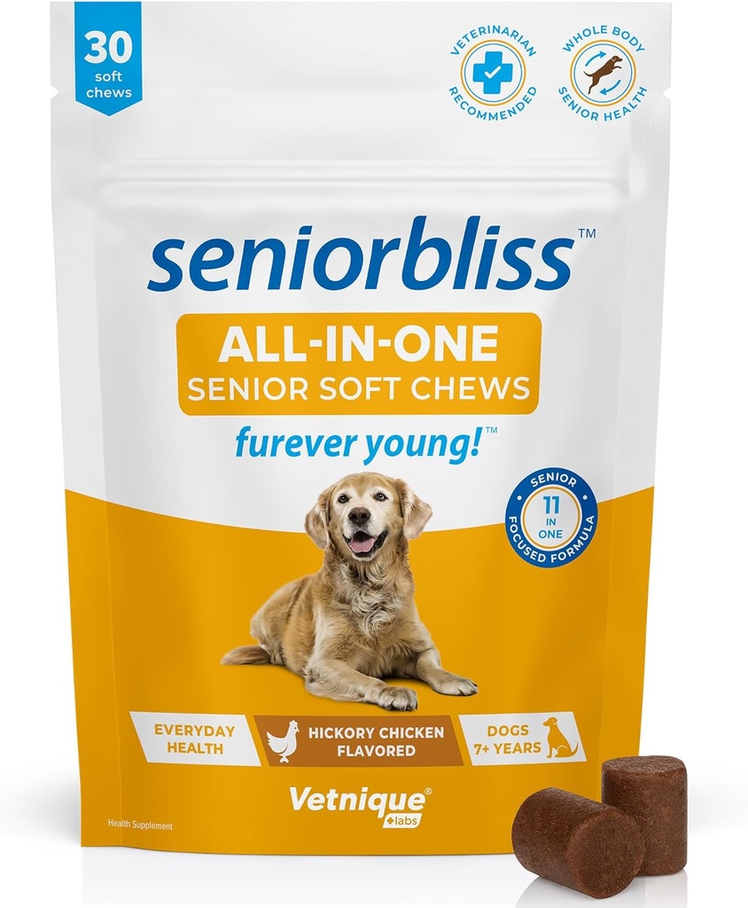 Vetnique Seniorbliss Senior Dog Πολυβιταμίνη με Γλυκοζαμίνη, Ωμέγα 3 Fish Oil, και Προβιοτικά - για Σκύλοι αρθρώσεις, Digestive και ανοσοποιητική υποστήριξη για Βέλτιστη Υγεία (All-in-One Daily Vitamin, 30 Ct)