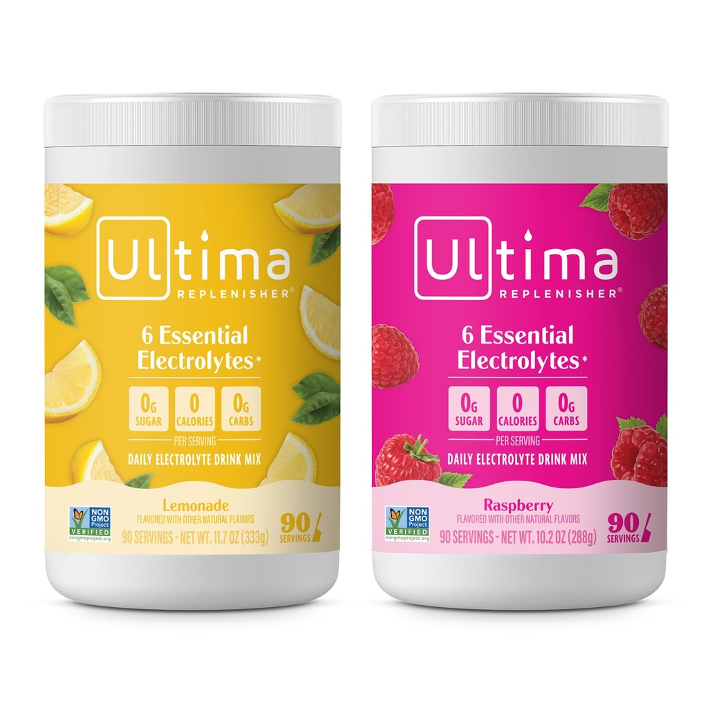Ultima Replenisher Electrolyte Powder Drink Mix Bundle – Sugar Free – Lemonade and Raspberry, 90 Servings – Hydration Powder - 6 Key Electrolytes and Trace Minerals – Keto Friendly, Non-GMO