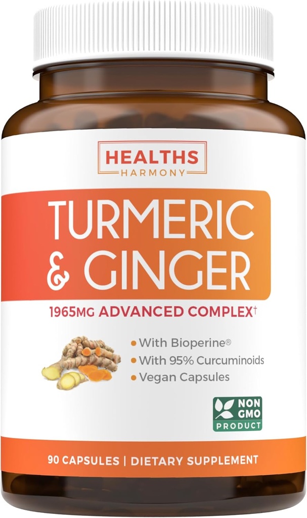 Turmeric and Ginger Supplement (Non-GMO) 1980mg Serving - Turmeric Curcumin with Black Pepper Bioperine, Ginger Extract, and 95% Curcuminoids Powder - Tumeric Joint Supplement - 90 Κάψουλες
