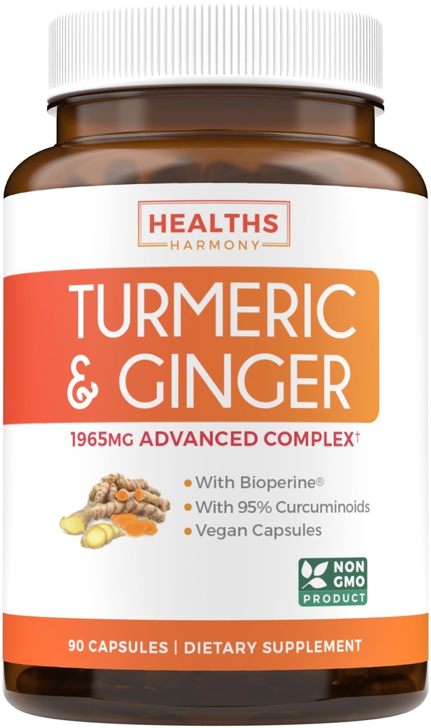 Turmeric and Ginger Supplement (Non-GMO) 1980mg Serving - Turmeric Curcumin with Black Pepper Bioperine, Ginger Extract, and 95% Curcuminoids Powder - Tumeric Joint Supplement - 90 Κάψουλες