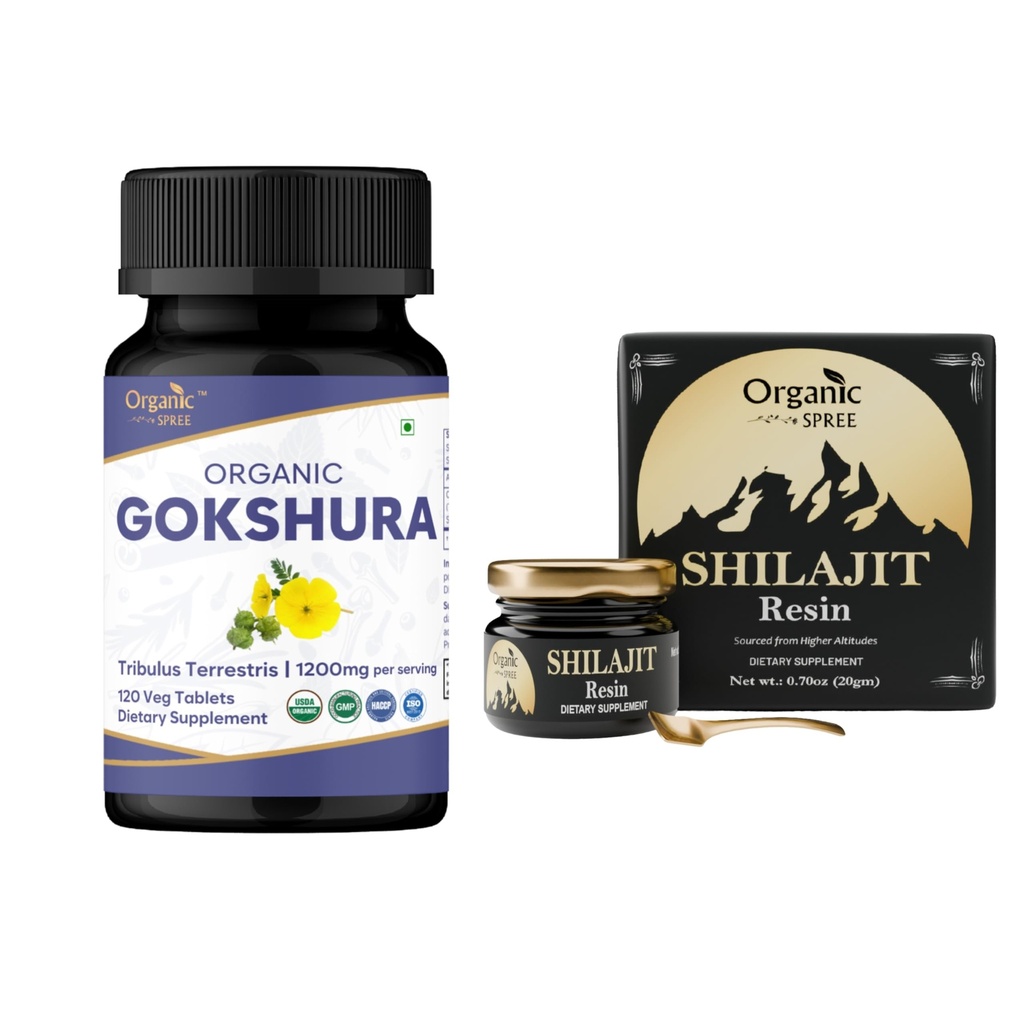 ORGANIC SPREE Gokshura & Himalayan Shilajit – USDA Organic Tribulus Terrestris 120 Tablets & 20g Resin με 85+ Trace Minerals – Υποστηρίζει την Ενέργεια & την Ανοσοποιητική Υγεία*