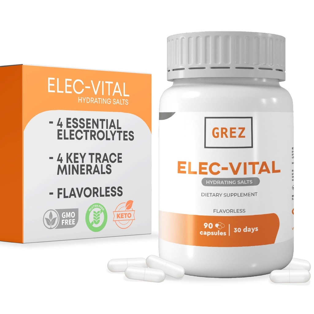 GREZ Elec-Vital Electrolyte Κάψουλες - 8 Essential Electrolytes and Key Trace Minerals - Χωρίς ζάχαρη - Χωρίς άρωμα - Hydration Mineral Supplement Support - 90 Κάψουλες για 30 ημέρες