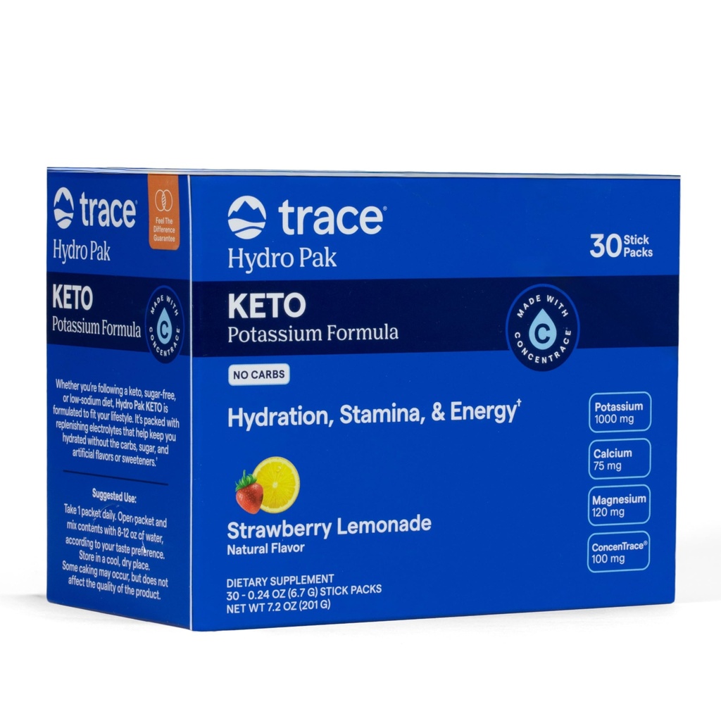 Trace Minerals Hydro Pak Keto - Ηλεκτρολυτικό Μείγμα Ποτού – 1000 mg Κάλιο Plus 70 Υποστηρίζει Ενέργεια, Σταμίνα, & Ενυδάτωση – Λεμονάδα Φράουλα Γεύση – 30 Μερίδες