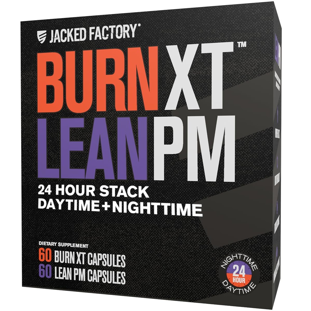 Jacked Factory Burn-XT + Lean-PM Kit – 24ωρη σύνθεση σώματος & Μεταβολισμός Στοίβα στήριξης – Ημέρα & Νυχτερινή Φόρμουλα – 60 Count, 2 Pack