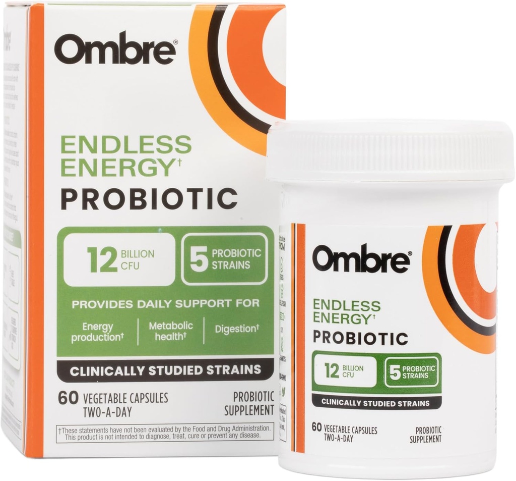 Ombre Endless Energy Probiotic Supplement, υποστηρίζει τη φυσική παραγωγή ενέργειας, τη μνήμη, την εστίαση και την υγεία των ούρων, 12 δισεκατομμύρια CFU, ράφι-σταθερό, 30 υπηρεσίες