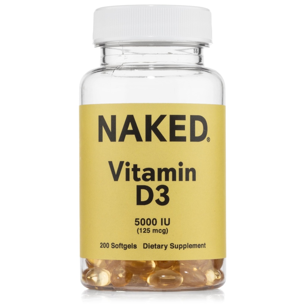 NAKED Vitamin D3 5000 IU – High Potency Vitamin D Supplement for Immune Support, Bone Strength, Muscle Function – 200 Vitamin D Softgels