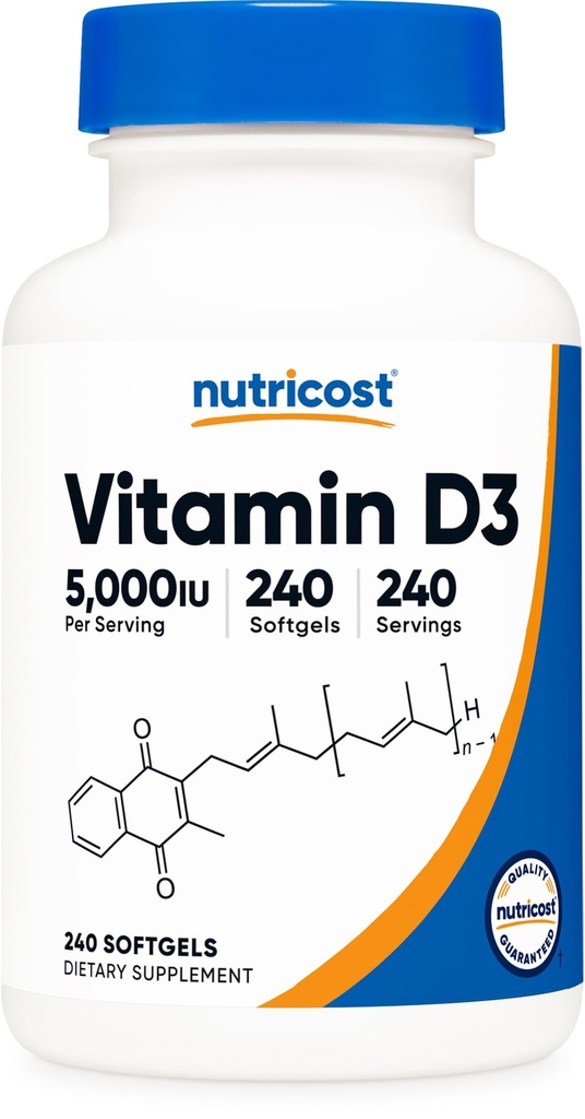 Nutricost Vitamin D3 5.000 IU (125mcg), 240 Softgels - Μη ΓΤΟ και χωρίς γλουτένη Βιταμίνη D
