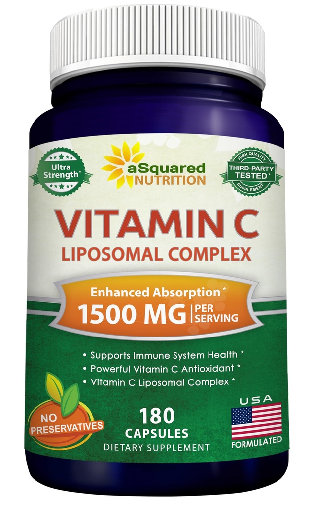 aSquared Nutrition Vitamin C Liposomal Complex - 1500mg Συμπλήρωμα - 180 κάψουλες - Υψηλή απορρόφηση VIT C Ασκορβικά χάπια οξέος - Υποστηρίζει ανοσοποιητικό σύστημα & κολλαγόνο Υγεία - 90 Υπηρεσίες