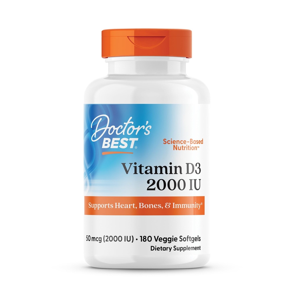 Doctor's Best Vitamin D3 2000 IU Softgels for Men & Women - Συμπλήρωμα βιταμίνης D για την υποστήριξη ανοσοποιητικού συστήματος & καρδιάς υγείας, 50 mcg ανά υπηρεσία, Vit D 3, μη GMO, γλουτένη & χωρίς σόγια - 180 Veggie Softgels