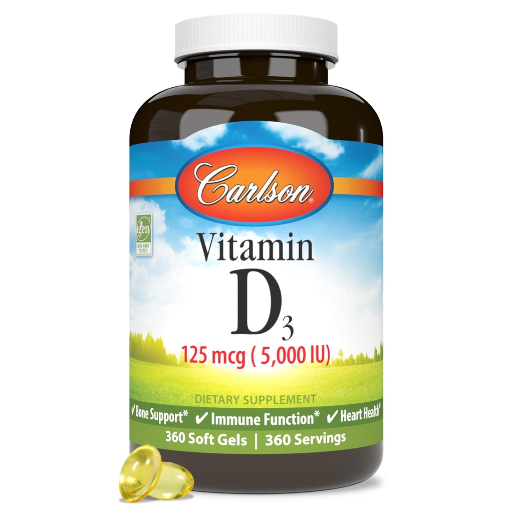 Carlson - Βιταμίνη D3 5000 IU (125 mcg), Υγεία των οστών, μυϊκή υγεία, Χοληκαλσιφερόλη, συμπληρώματα βιταμίνης D, Βιταμίνη D3 Soft Gels, 360 Softgels