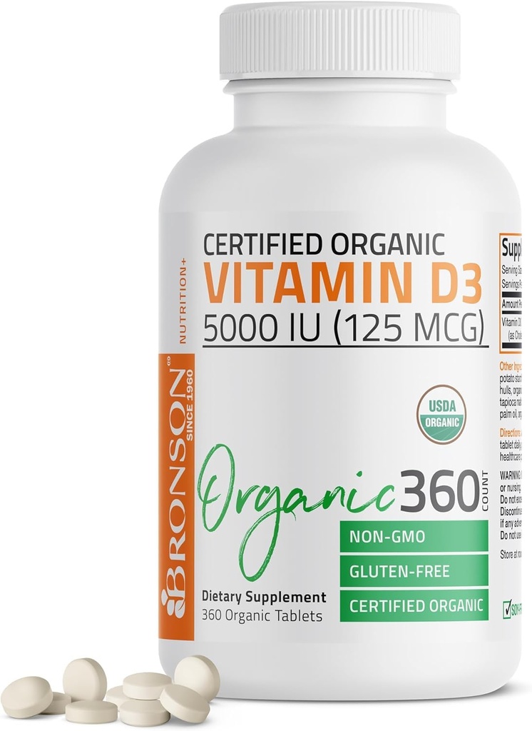 Bronson Βιταμίνη D3 5.000 IU (125 mcg) Certified Organic High Potency Μη ΓΤΟ Συμπλήρωμα βιταμίνης D, 360 δισκία