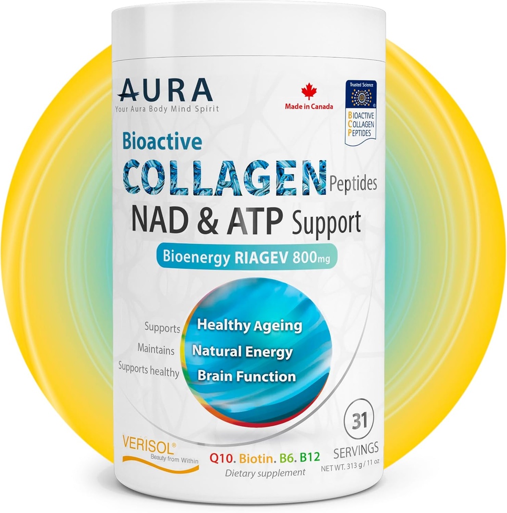 AURA VERISOL® Bioactive Collagen Peptides® Σκόνη με πατενταρισμένο NAD+ & ATP Boosters, Advanced Cellular Rejuvenation System, Healthy Aging & DNA Repair, Unflavored, Made in Canada, 31 Services.