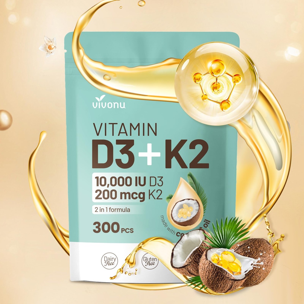 VivoNu Vitamin D3 K2 10000 IU with MK7-300 Virgin Coconut Oil Softgels, 2 in 1 Vitamins D & K Complex | Vitamina D3 con K2 ((1Bag)