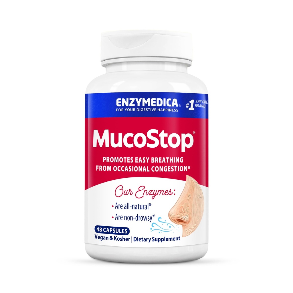 Enzymedica, MucoStop, Φυσικό συμπλήρωμα ενζύμων, Ανακουφίζει εποχιακή ή περιστασιακή συμφόρηση, υποστηρίζει εύκολη αναπνοή, 48 κόμης