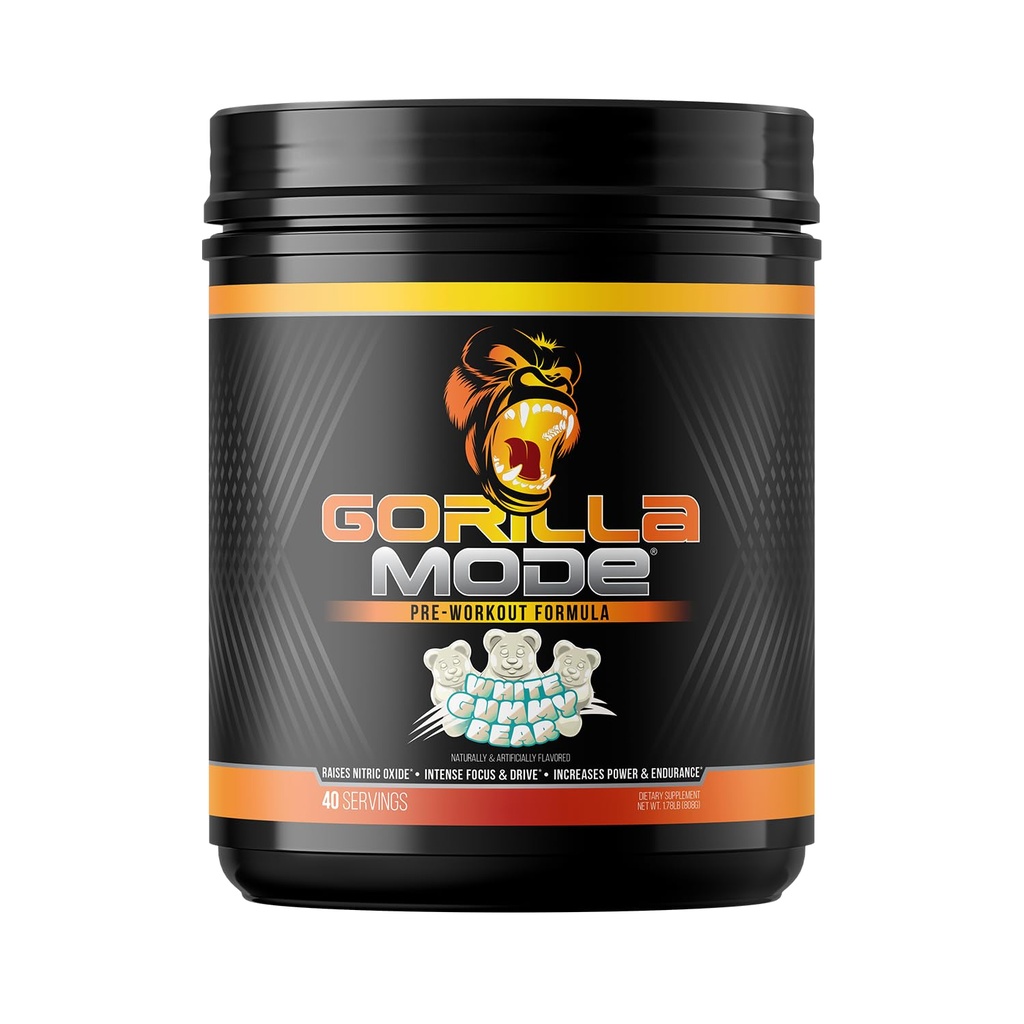 Gorilla Mind Pre Workout - Massive Pumps Laser Focus Energy Power - L-Citrulline, Creatine, L-Tyrosine, Betaine, Hydroprime, Alpha-GPC, 400mg Caffeine, Huperzine A 808g (White Gummy Bear)