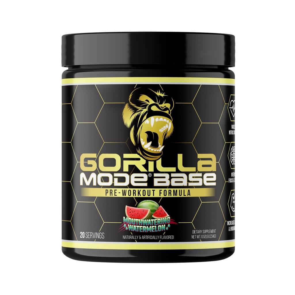 Gorilla Mode Base Pre Workout - Αυξάνει το νιτρικό οξείδιο · Έντονη εστίαση & οδήγηση · Αντοχή · Ισχύς - L-Citrulline, L-Tyrosine, Betaine, Alpha-GPC, Caffeine, Huperzine A - 234g (Mouthwatering Watermelon)