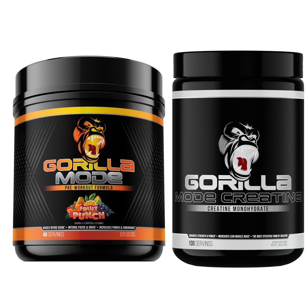 Gorilla Mind Pre Workout (Fruit Punch) + Creatine (100 Serv.) - Comprehensive Stack for Improved Strength, Power Output, and Muscle Size