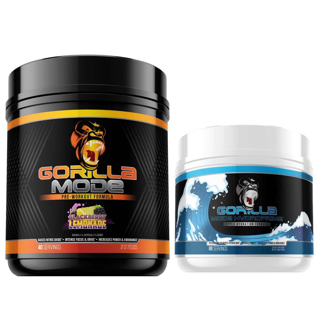 Gorilla Mode Προ προπόνησης (BlackBerry Lemonade) + HydroPrime Glycerol Pre Workout - Πλήρης στοίβα για υπερ-Υδρώσεις, αντλία, δύναμη, αντοχή, και θερμορύθμιση